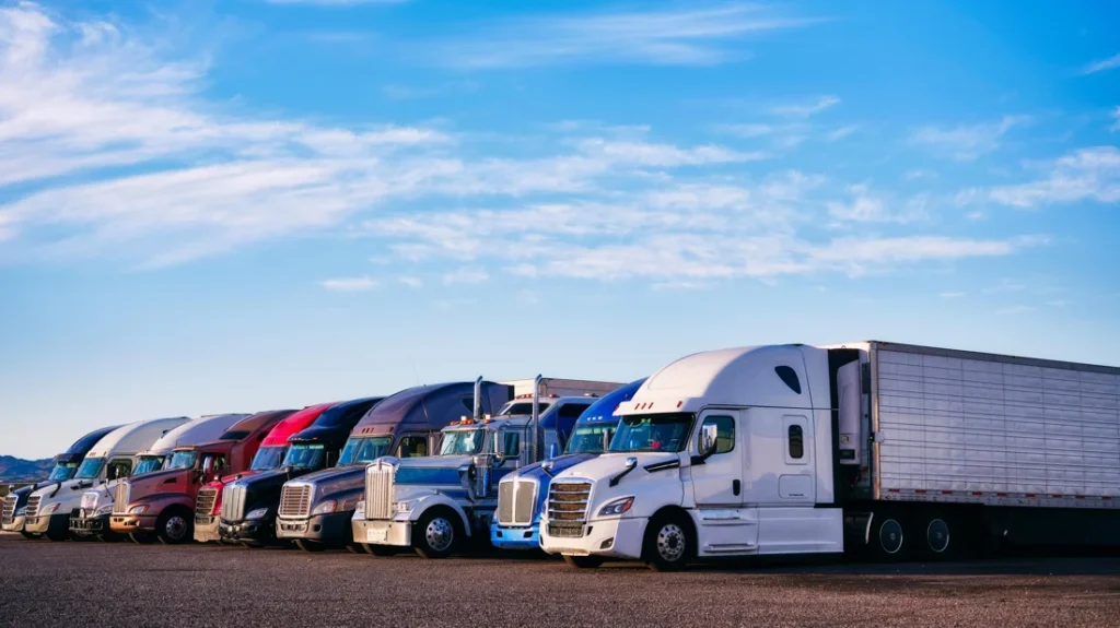 Semi trucks from several carriers lined up side by side under a blue sky, the range of capacity behind DDS Solutions freight transportation services